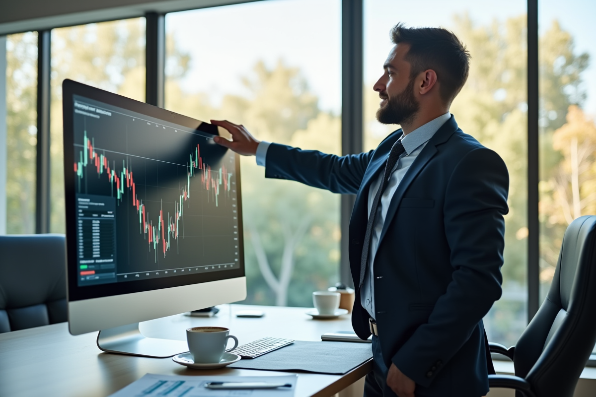 Expert financier pointant un graphique boursier en croissance