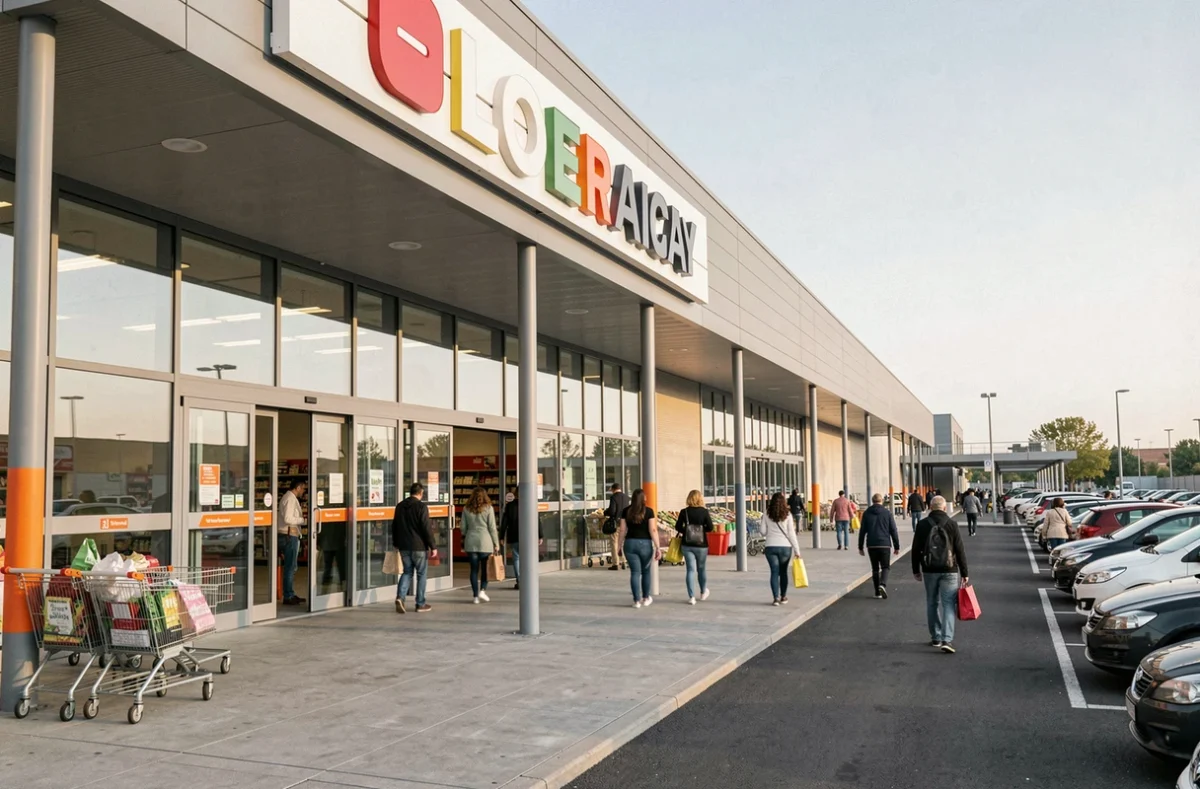 Façade d'un supermarché ouvert le dimanche à Montpellier avec clients à l'entrée