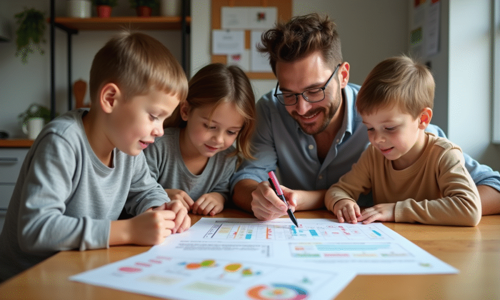 Famille réunie à la cuisine pour gérer le budget
