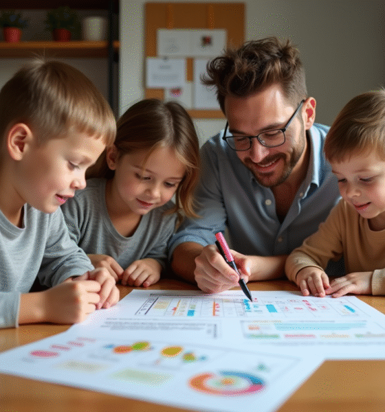 Famille réunie à la cuisine pour gérer le budget