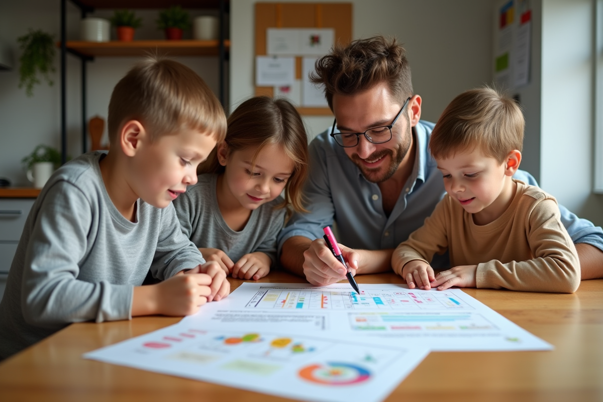 Famille réunie à la cuisine pour gérer le budget