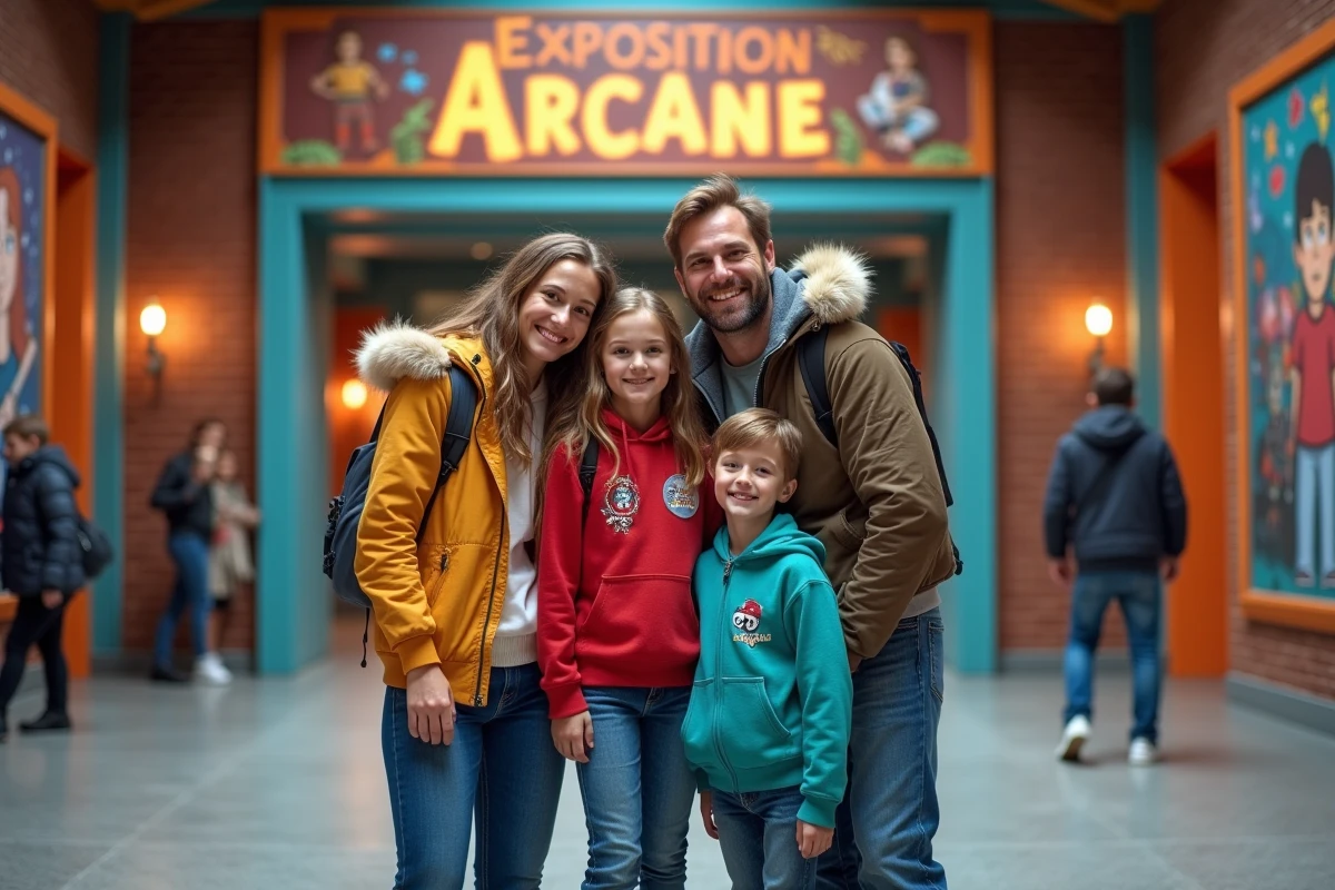 Famille souriante devant l'exposition Arcane à Montpellier