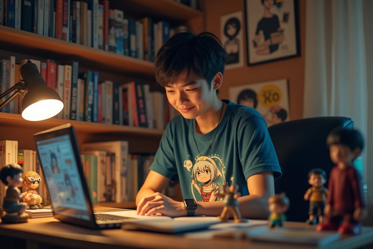Fan de One Piece lisant un nouveau chapitre scanné sur son ordinateur portable entouré de mangas et figurines
