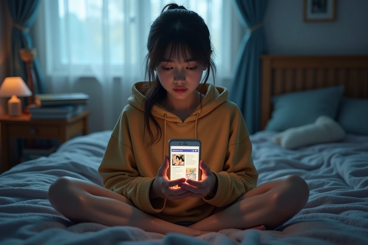 Jeune femme fan de One Piece lisant un scan sur smartphone dans sa chambre avec une expression de suspense