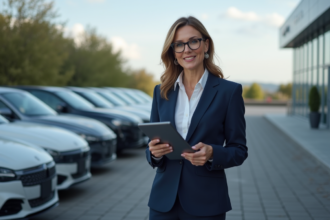 Femme d'affaires en costume navy examine des voitures neuves