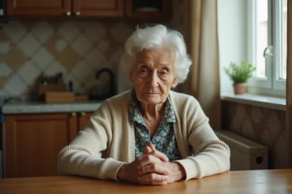 Femme agee en reflection dans sa cuisine