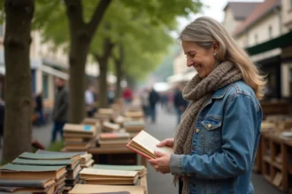 Femme en veste en denim et foulard cherchant des livres anciens