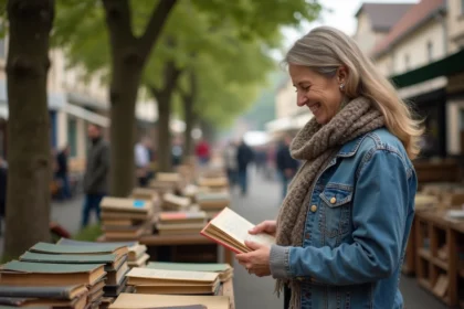 Femme en veste en denim et foulard cherchant des livres anciens
