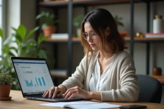 Femme concentrée sur un tableau analytique dans un bureau moderne