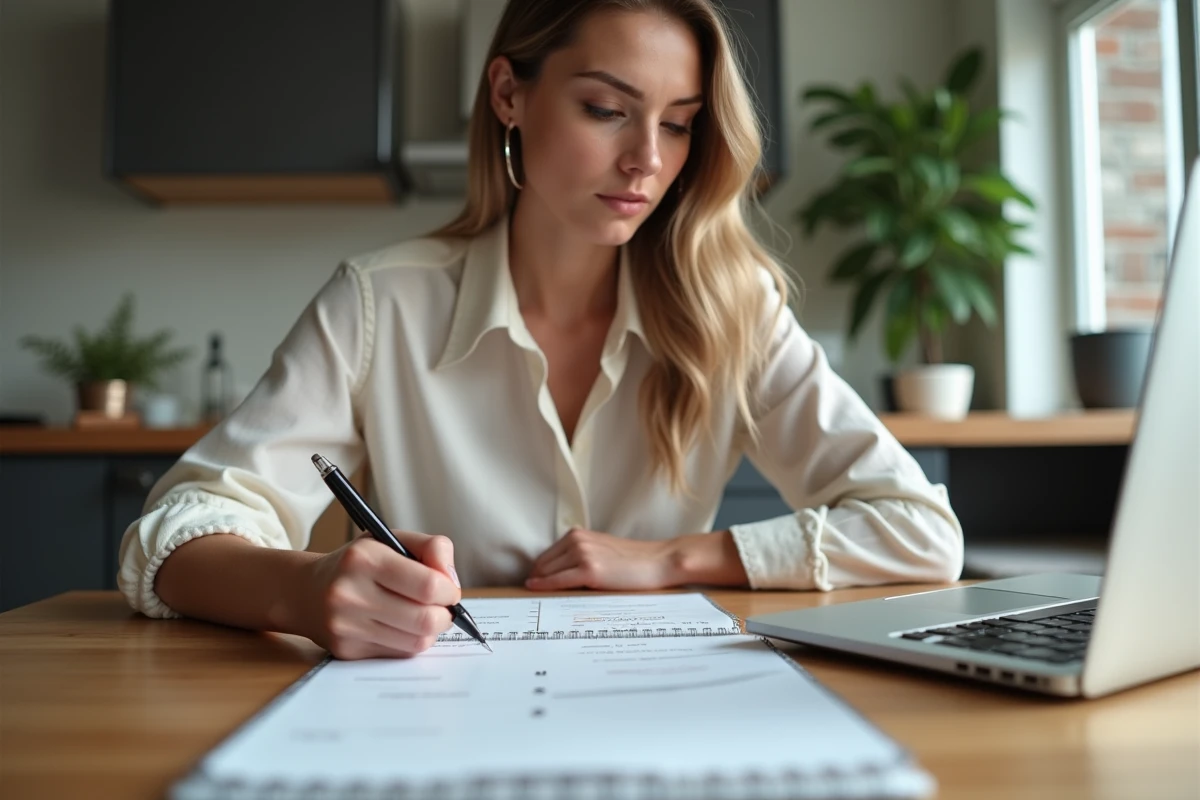 Jeune femme au bureau notant des dates sur un calendrier