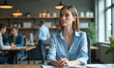 Femme en bureau moderne regardant par la fenêtre