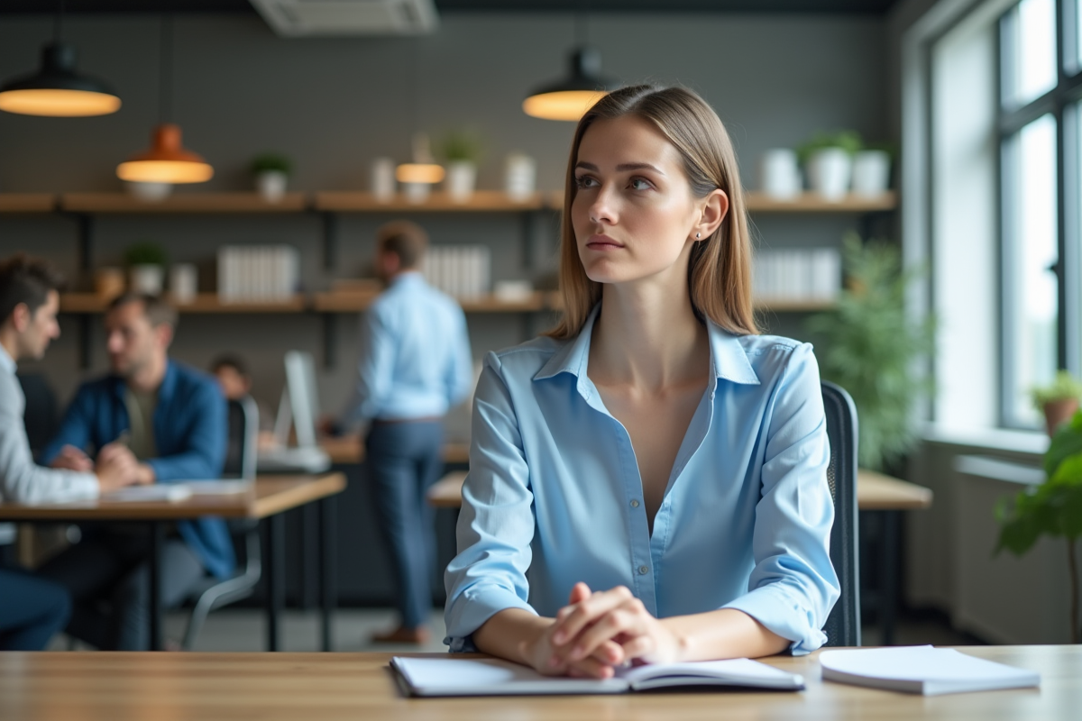 Femme en bureau moderne regardant par la fenêtre