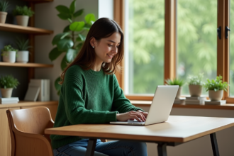 Jeune femme au bureau avec ordinateur et plantes