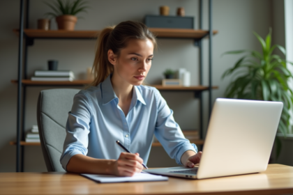 Jeune femme professionnelle compare deux laptops dans un bureau lumineux