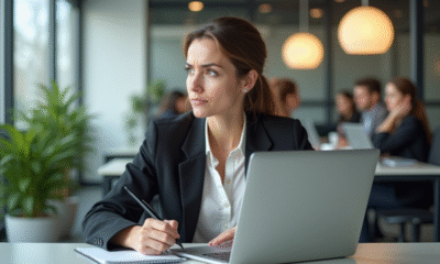 Femme au bureau en réflexion dans un espace moderne