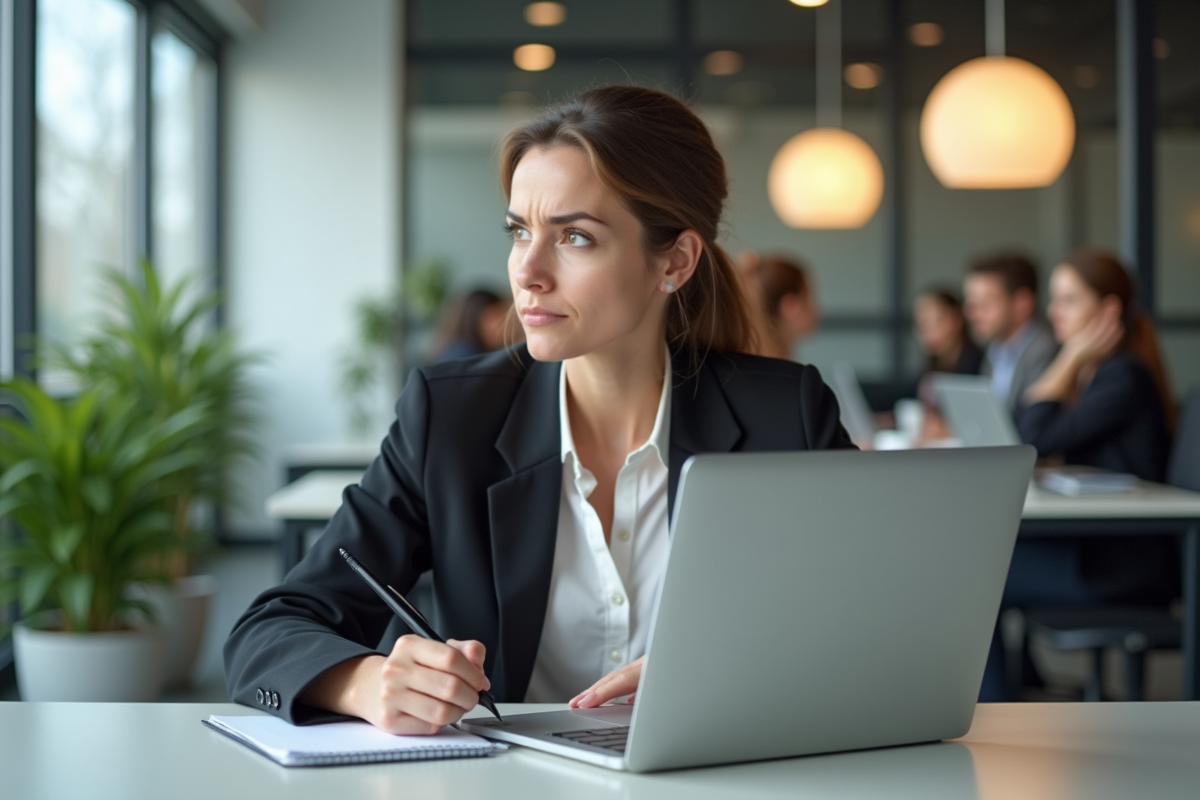 Femme au bureau en réflexion dans un espace moderne