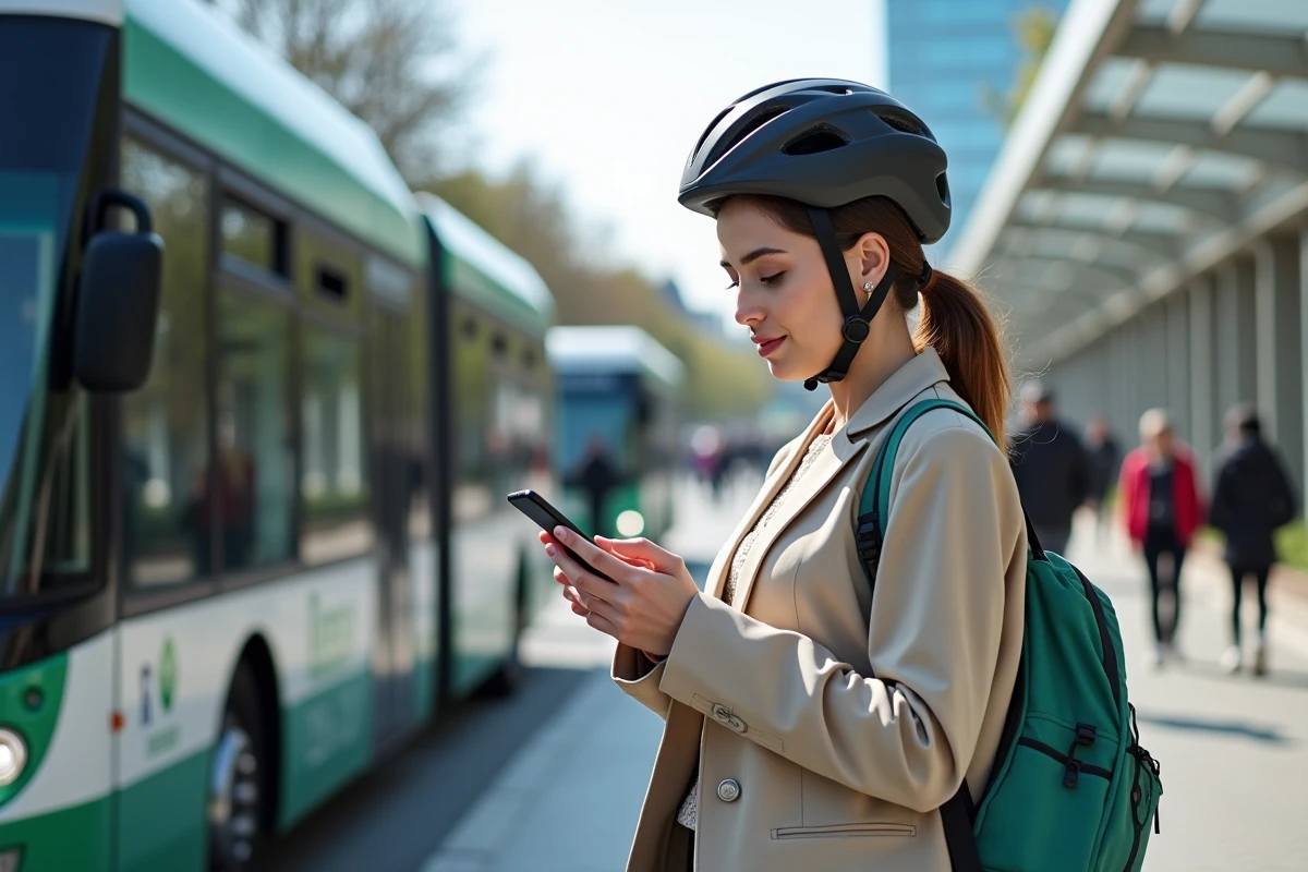 Jeune femme vérifiant une application de transport urbain