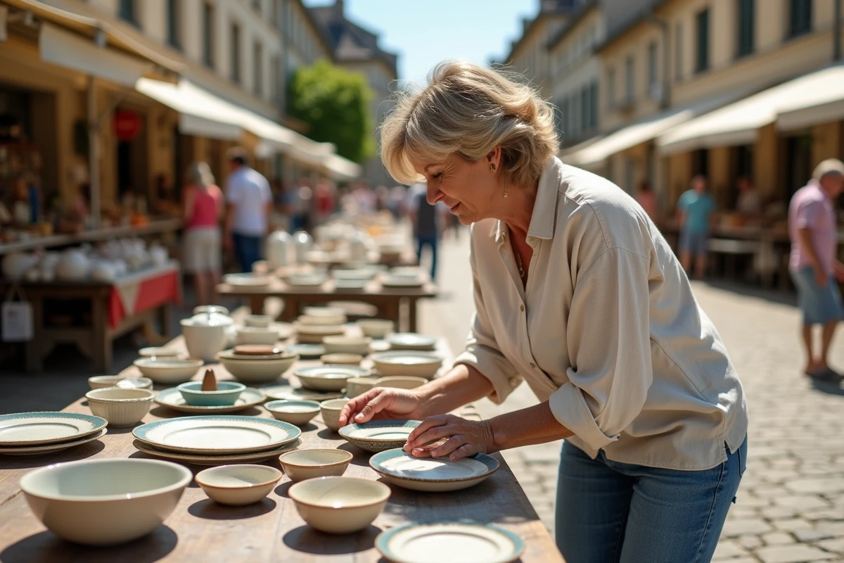 Femme examinant des céramiques anciennes sur un stand de vide-grenier en plein air dans le Lot