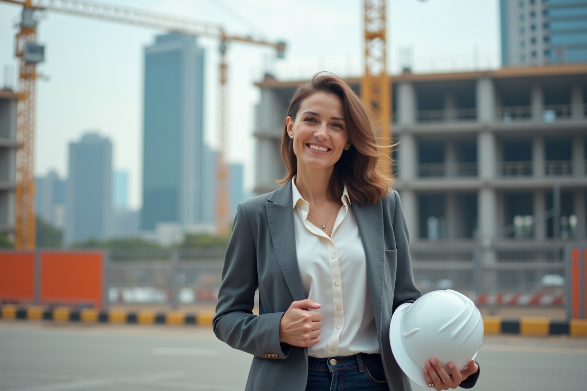 Femme sur un chantier avec casque et plans de construction