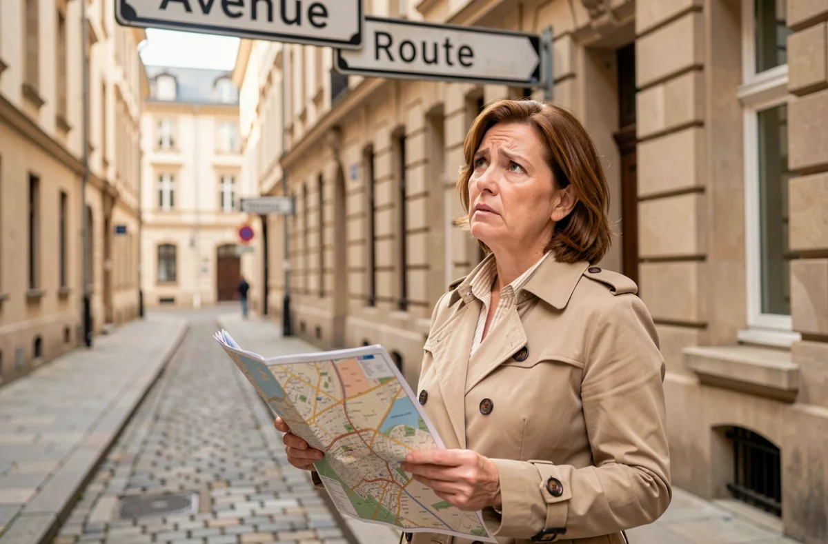 Femme consultant une carte devant des panneaux 'Avenue' et 'Route', symbolisant la confusion entre les types de voies