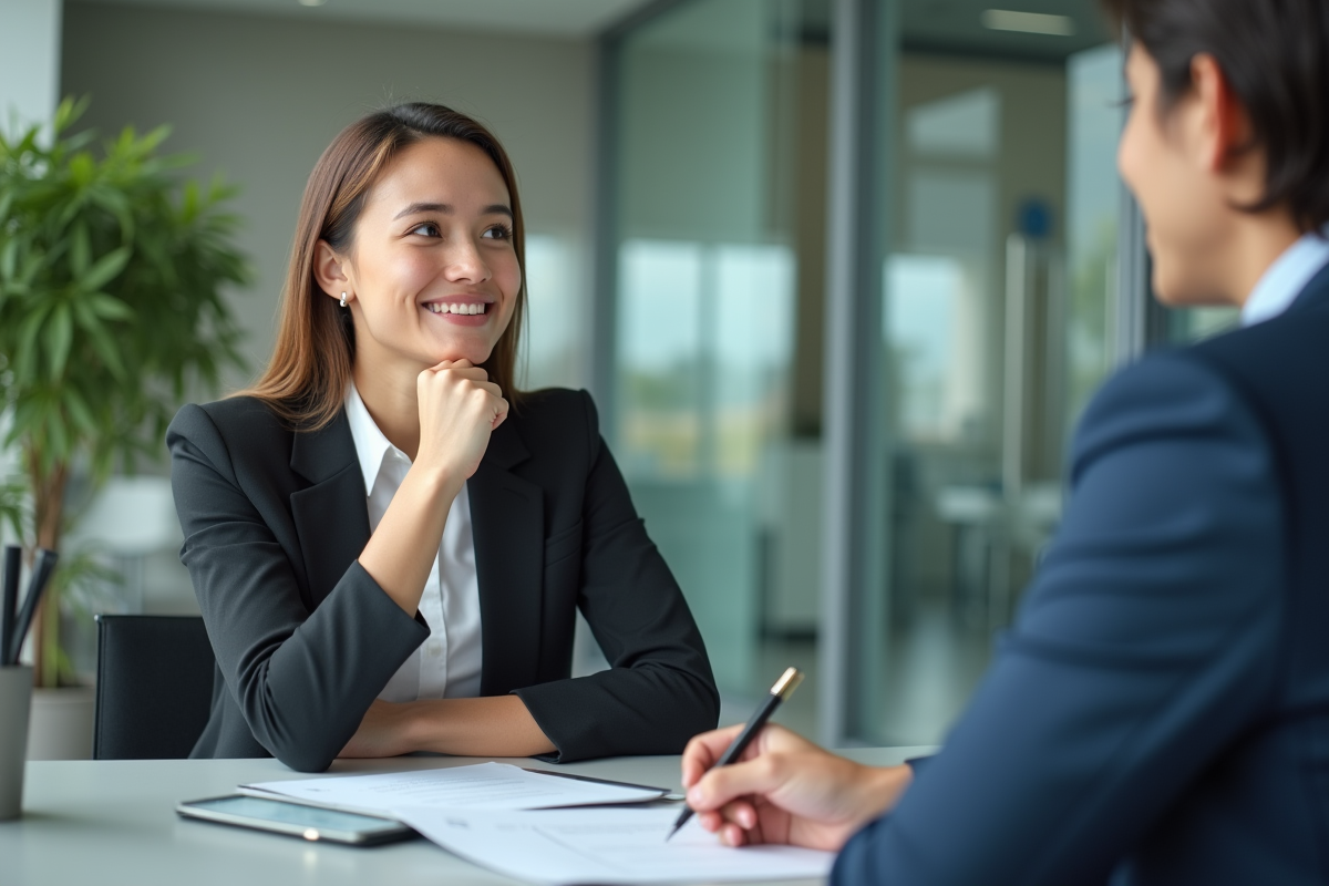 Jeune femme souriante consulte un conseiller bancaire en agence