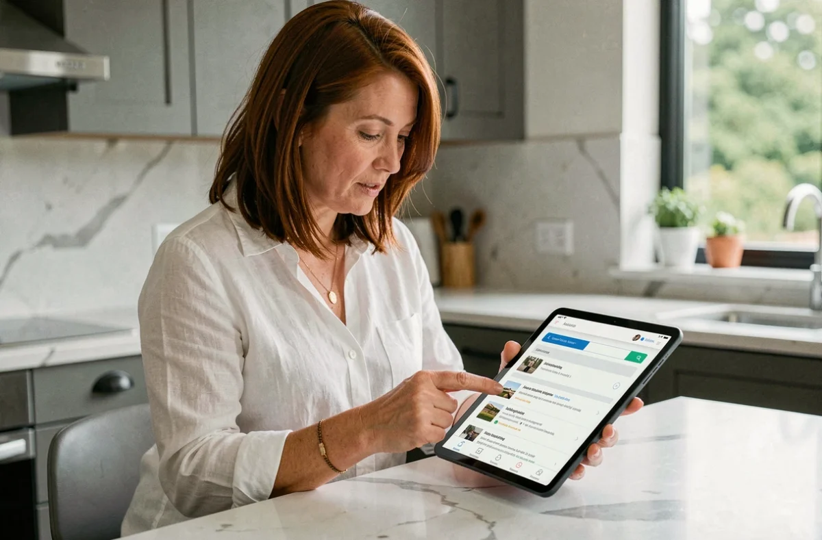 Femme d'une quarantaine d'années découvrant le site Phoenixscan sur une tablette dans une cuisine moderne
