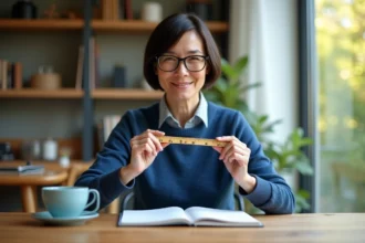 Femme montrant la différence entre centimètre et pouce