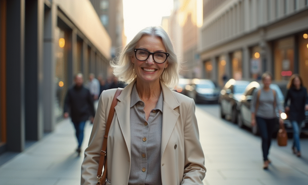Femme élégante de 60 ans marchant dans la ville ensoleillée