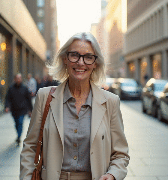 Femme élégante de 60 ans marchant dans la ville ensoleillée