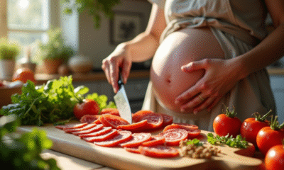 Femme enceinte en cuisine préparant un plat avec du chorizo
