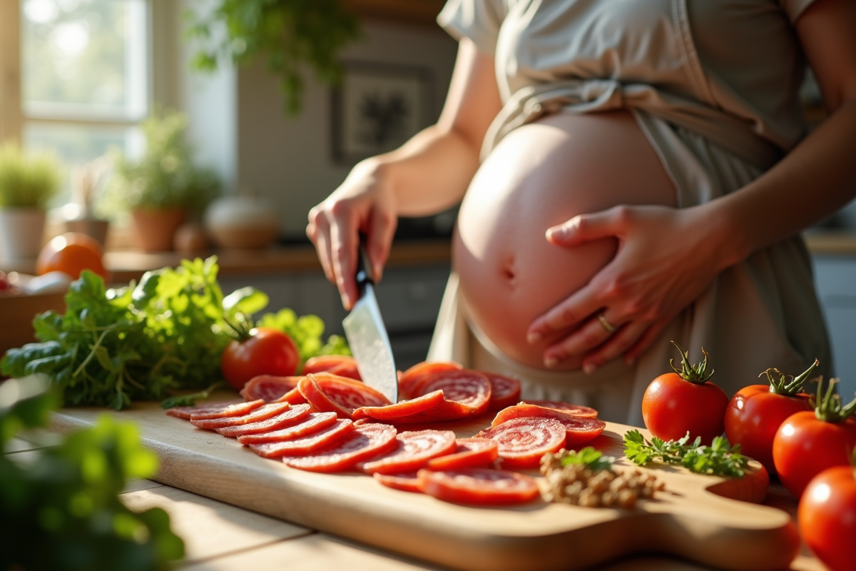 Femme enceinte en cuisine préparant un plat avec du chorizo