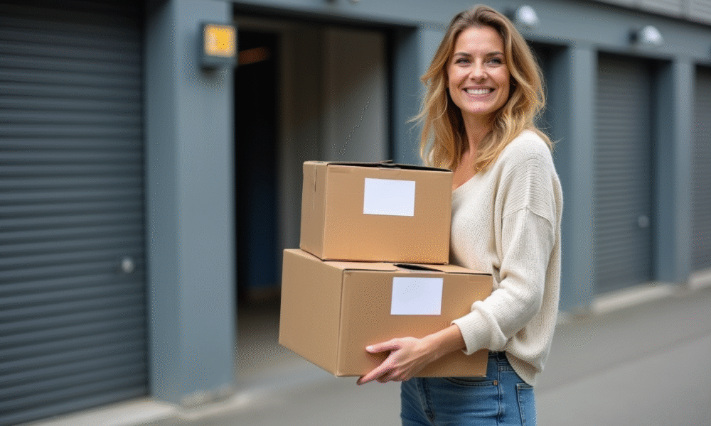 Femme souriante devant un centre de stockage à Caen