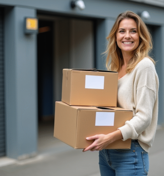 Femme souriante devant un centre de stockage à Caen