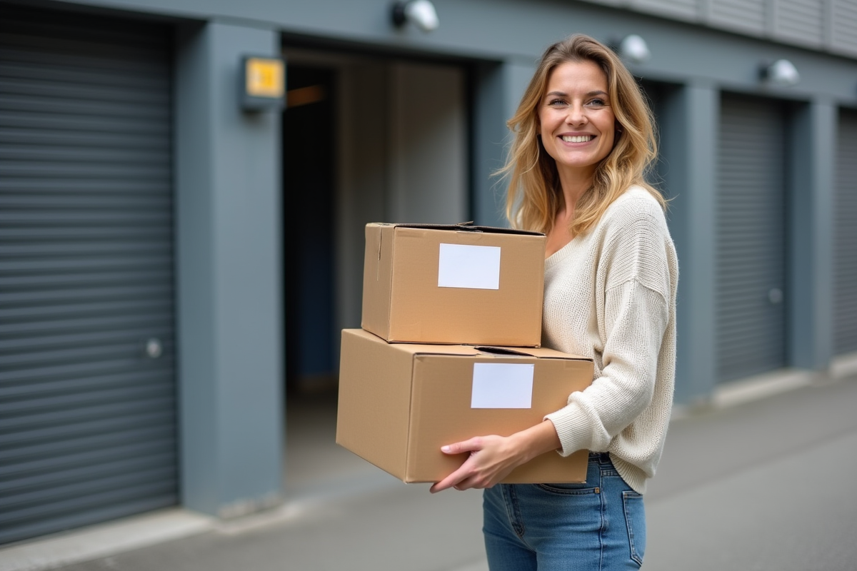 Femme souriante devant un centre de stockage à Caen