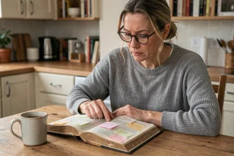 Femme étudiant un dictionnaire du Scrabble avec des notes autocollantes à la maison pour mémoriser les mots acceptés