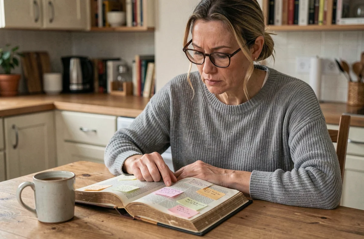 Femme étudiant un dictionnaire du Scrabble avec des notes autocollantes à la maison pour mémoriser les mots acceptés