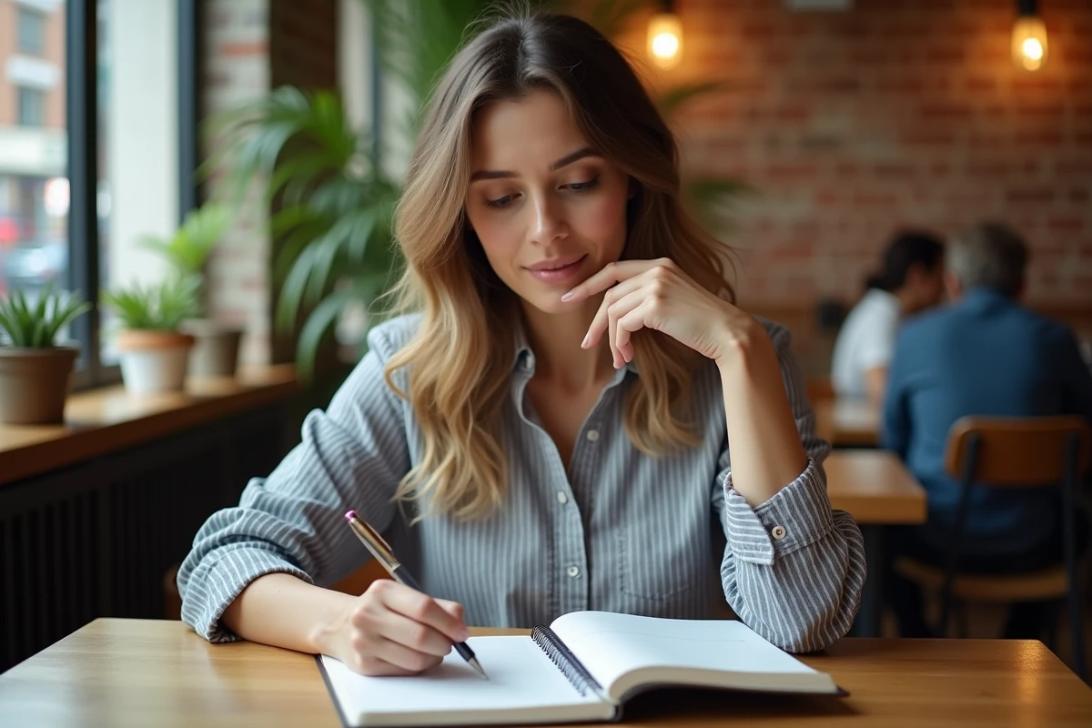 Femme étudiant les règles de l'impératif français dans un carnet manuscrit dans un café chaleureux