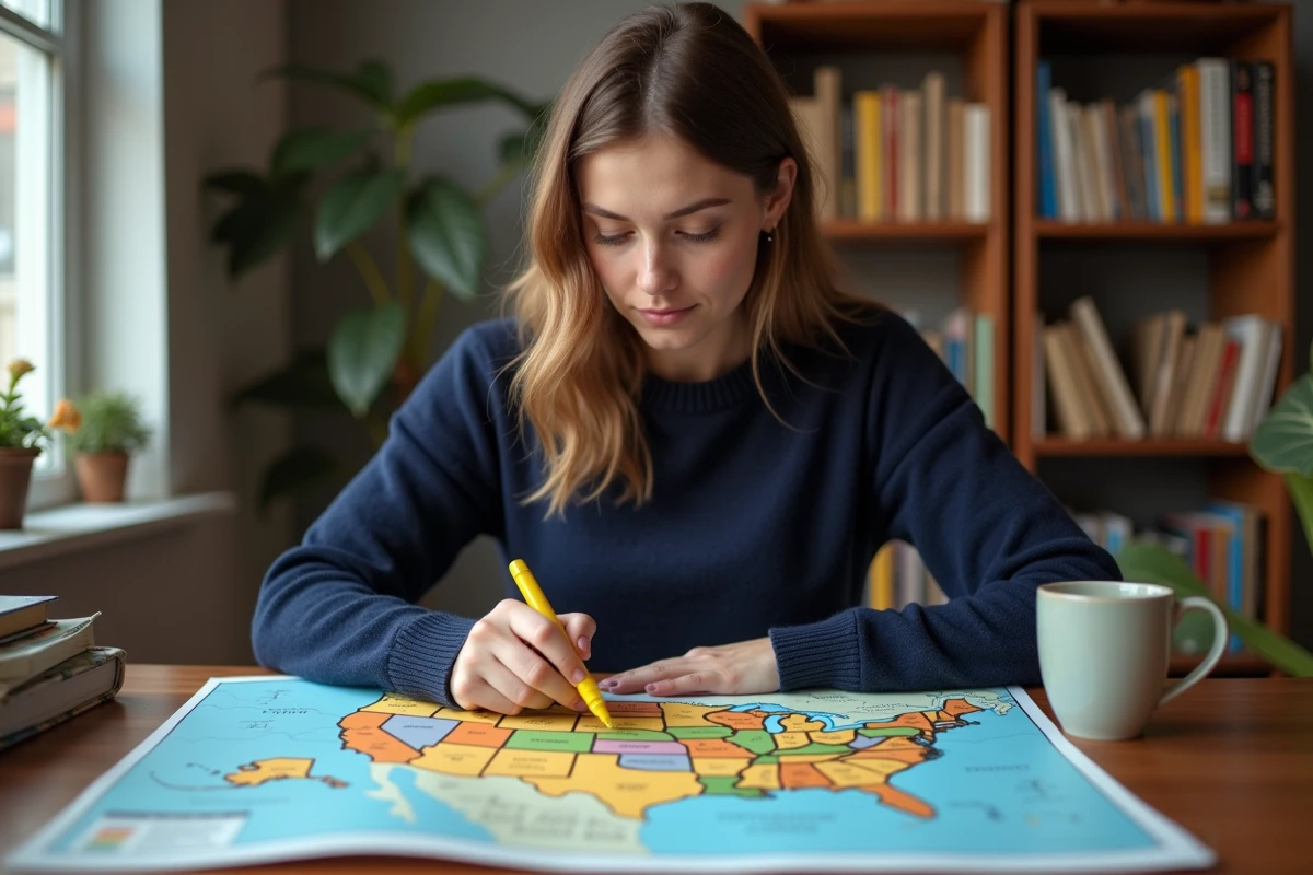 Une femme étudiant les capitales des États américains sur une carte colorée posée sur un bureau en bois, stylo surligneur à la main