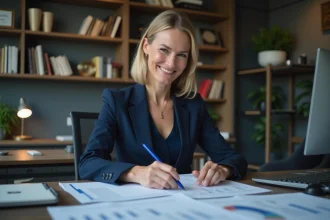 Femme daffaires en réunion avec documents financiers