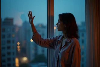 Femme inquiète regardant par la fenêtre la nuit urbaine