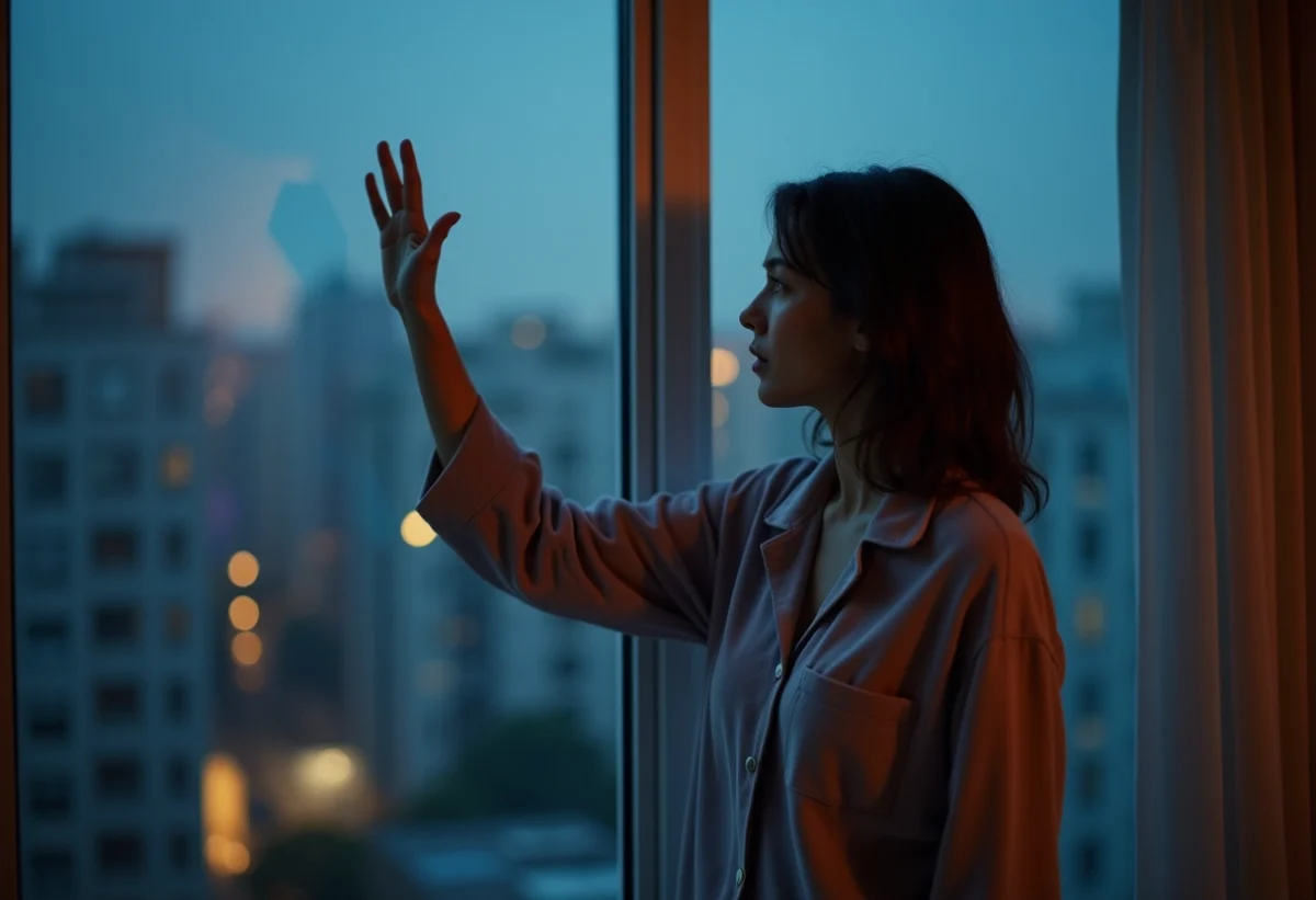 Femme inquiète regardant par la fenêtre la nuit urbaine