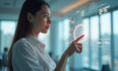 Jeune femme professionnelle interagissant avec un écran futuriste dans un bureau lumineux
