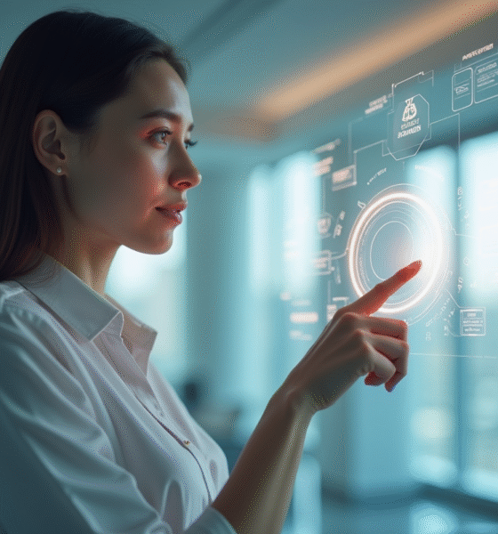 Jeune femme professionnelle interagissant avec un écran futuriste dans un bureau lumineux