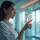 Jeune femme professionnelle interagissant avec un écran futuriste dans un bureau lumineux