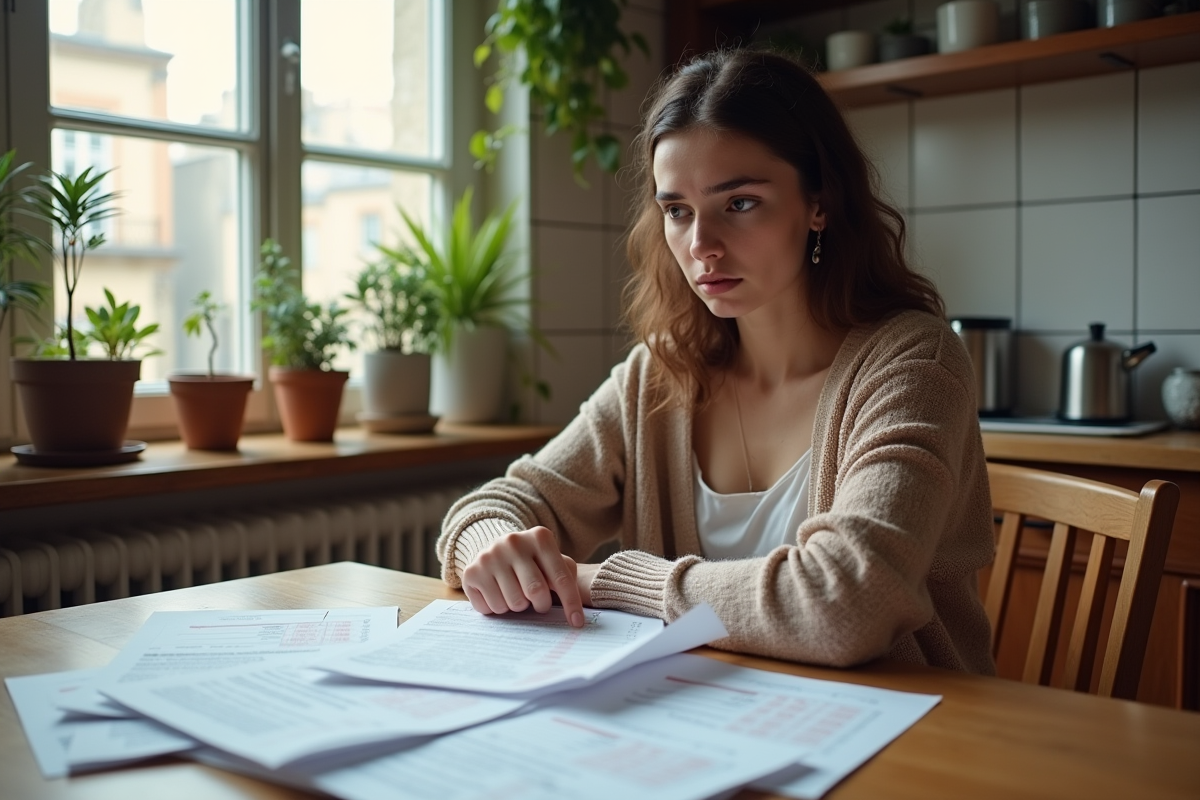 Femme triant papiers fiscaux à la maison
