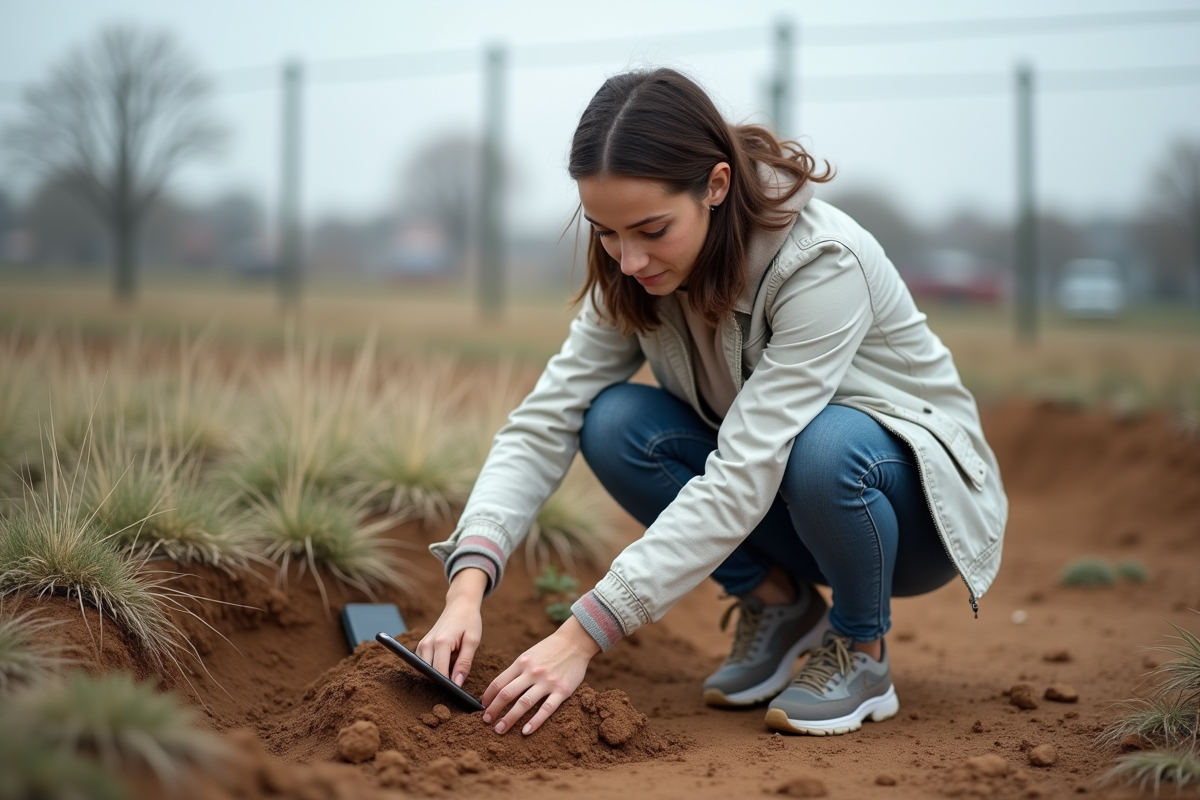 Jeune femme inspectant la terre sur un site de construction