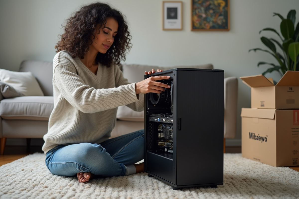 Femme technophile installe SSD dans un PC compact