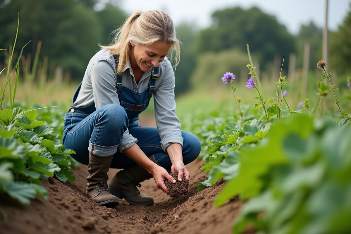 Femme en vêtements de travail dans un jardin bio