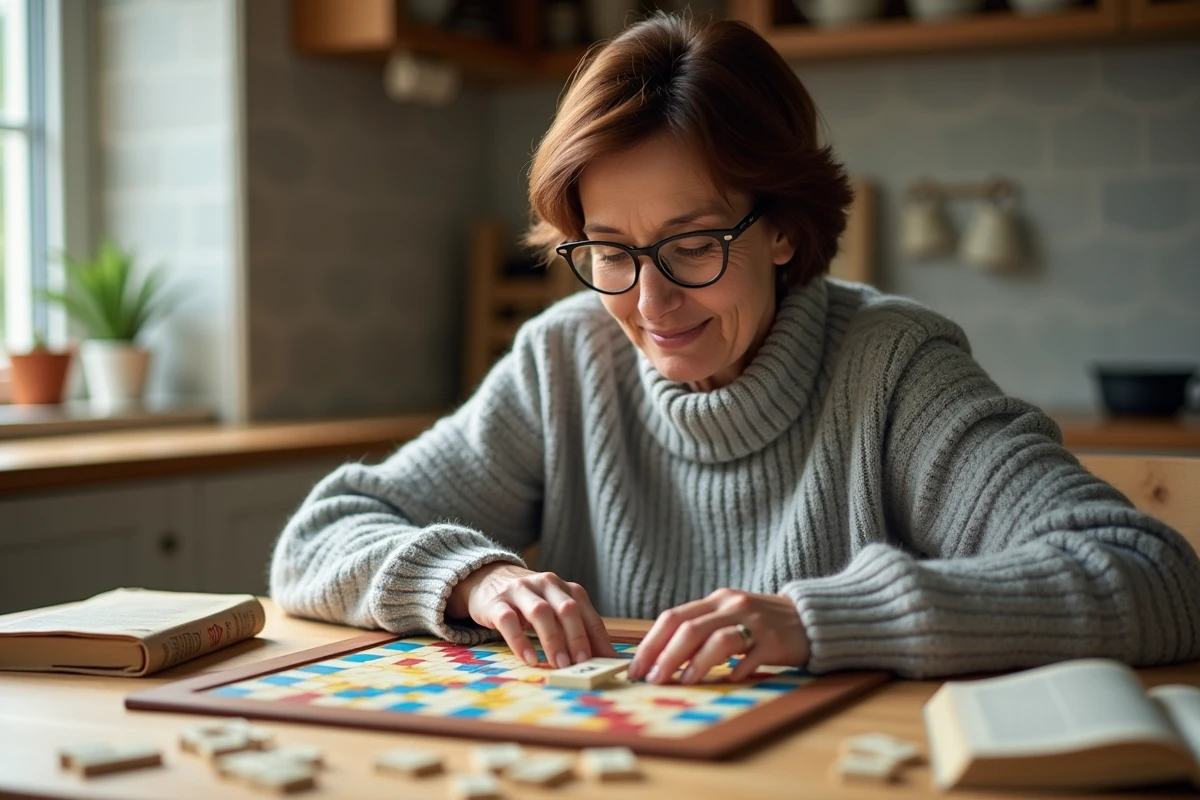 Femme concentrée jouant au Scrabble dans la cuisine lumineuse