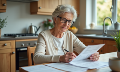 Femme de 60 ans lisant des documents dans la cuisine
